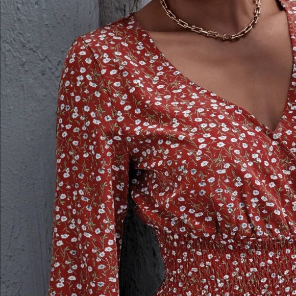 Shirred floral crop top boho gypsy print bishop - Picture 4 of 4